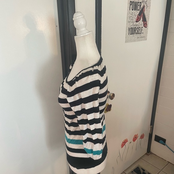 3/4 sleeve scoop neck black and white stripe with turquoise accent stripe - Picture 5 of 8